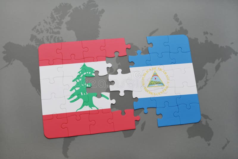 verwirren Sie mit der Staatsflagge vom Libanon und von Nicaragua auf einem Weltkartehintergrund vektor abbildung verwirren Sie mit der Staatsflagge vom Libanon und von Nicaragua auf einem Weltkartehintergrund vektor abbildung