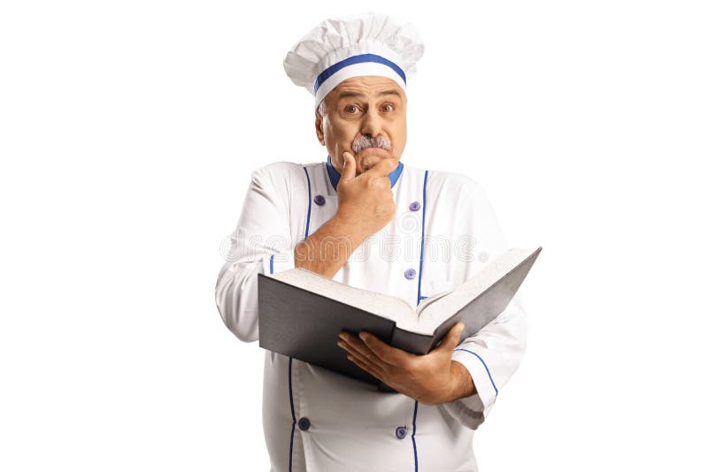 Verwirrter Küchenchef mit Kochbuch lizenzfreie stockfotos