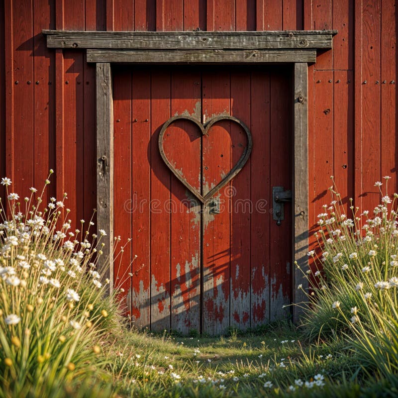 Verwitterte Scheunentür umrahmt von Gänsen für rustikale Romantik generative ai. Valentinertür. verwitterte rote Scheunentür mit Metallherz-Design umrahmt von blühenden Gängen schafft romantische Landatmosphäre.