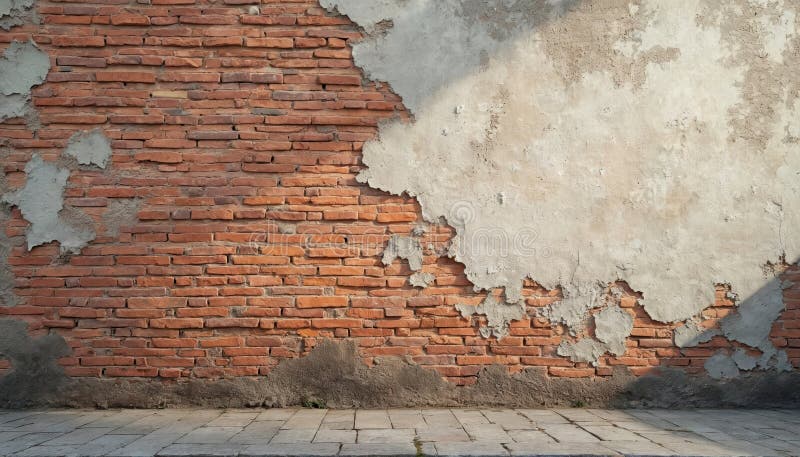 Verwitterte Ziegelwand mit Peeling-Gipskraft-Textur. Alter Not leidender Grunge Hintergrund. Grau-Putz-Fassade aus rotem Ziegelste stockfotografie