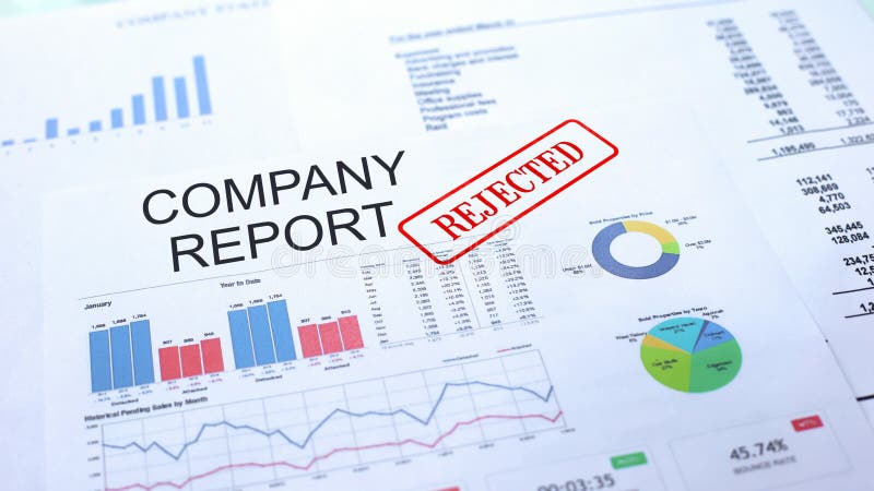 Company report rejected, seal stamped on official document, business project, stock photo. Company report rejected, seal stamped on official document, business project, stock photo