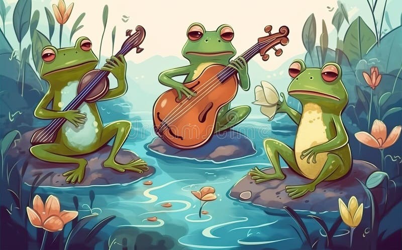 Very cute frog band. The frogs make music very cheerfully in their habitat by the lake.