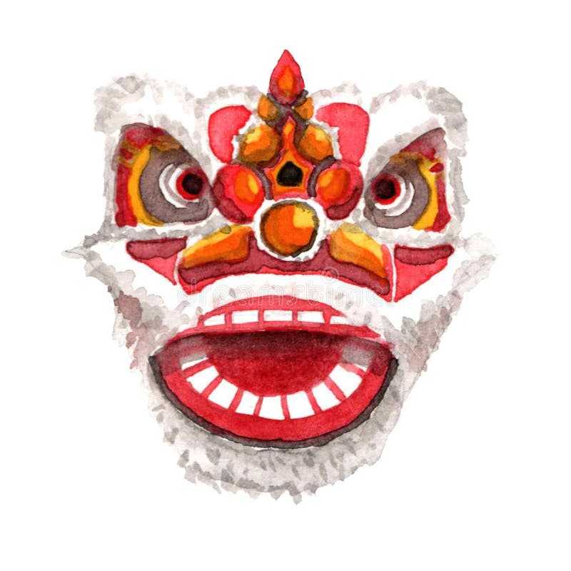 Very Detailed and Beautiful White and Red Chinese Barongsai Head Clip Art Ornaments Decoration Made With Watercolor is used for ornament on gift cards, wedding invitations, or lunar new year cards.