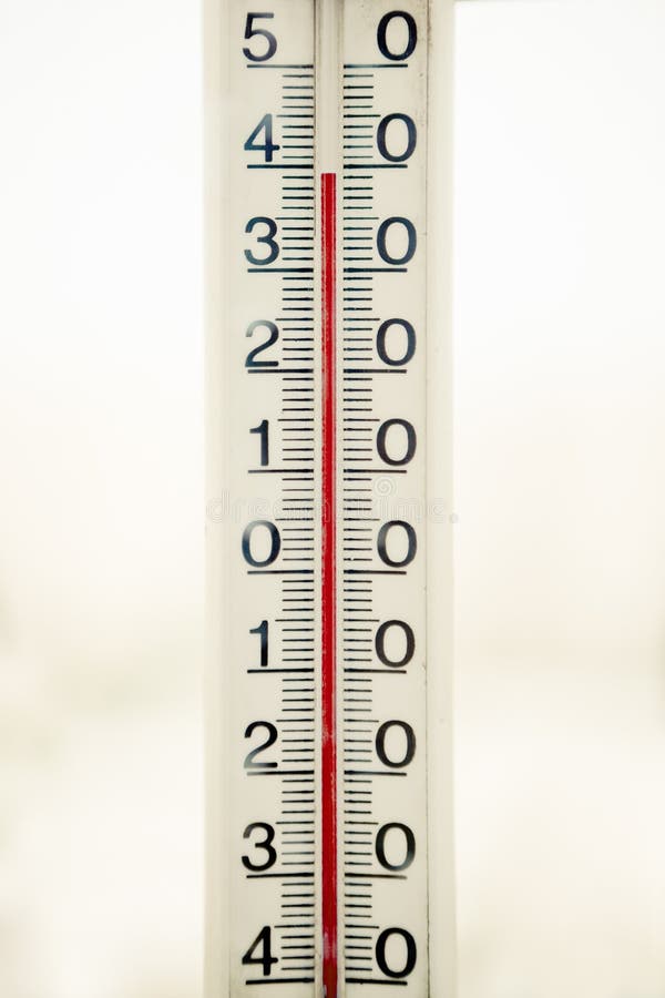 Celsius scale thermometer for measuring weather temperature. Thermometer  isolated on white background. Ambient temperature plus 43 degrees Stock  Photo