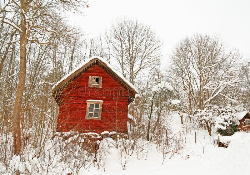 Very old red wooden house in a snowy forest