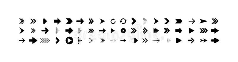 Verzameling pijlen Grote reeks pijlen Vector pictogrammen, geïsoleerd op witte achtergrond De verschillende vormen van de pijl in
