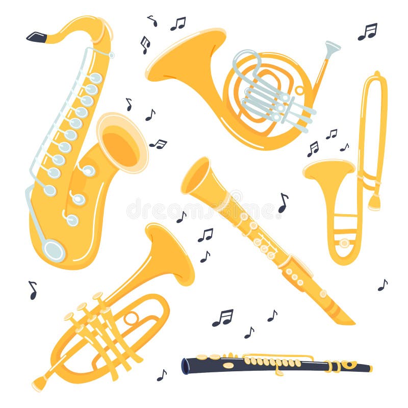 Verzameling van muziekinstrumenten Jazz Gold-objecten Trumpet en saxofon, trombone en flute, klarinet en Frans vector illustratie Verzameling van muziekinstrumenten Jazz Gold-objecten Trumpet en saxofon, trombone en flute, klarinet en Frans vector illustratie
