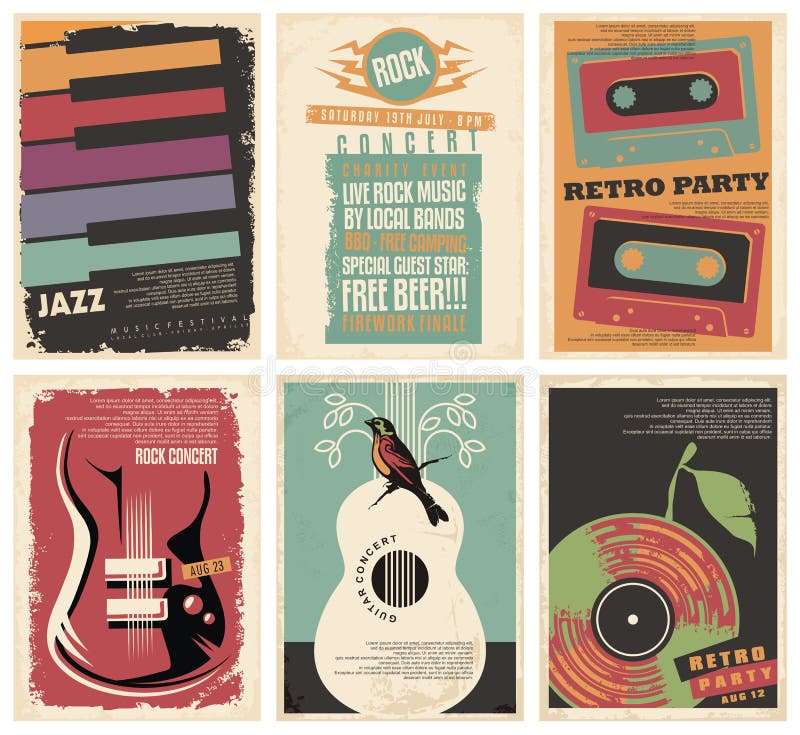 Vintage collection of musical posters. Flyers set for retro parties, rock and jazz concerts, classical guitar events and other music festivals. Retro vector illustration. Vintage collection of musical posters. Flyers set for retro parties, rock and jazz concerts, classical guitar events and other music festivals. Retro vector illustration.