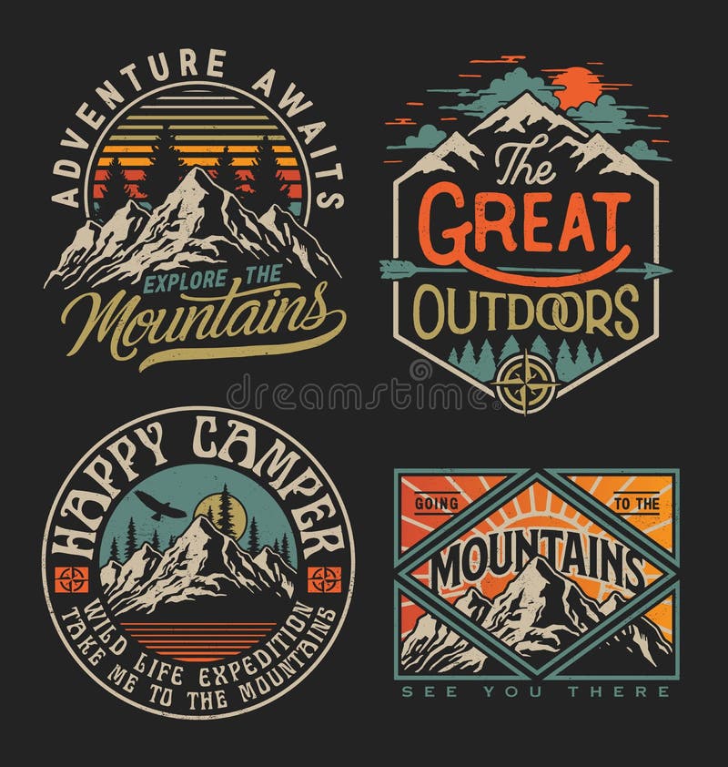 Verzameling van oogstontdekkingsreiziger, wilde natuur, avontuur, camping embleemgrafiek Perfect voor t-shirts, kleding en andere