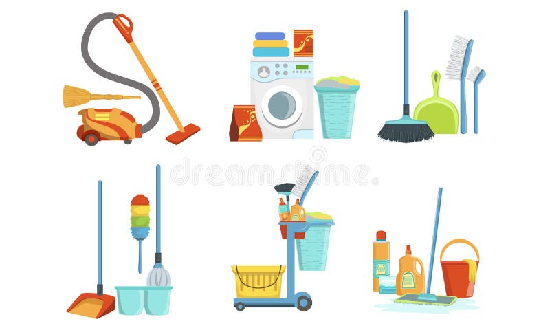 Verzameling van reinigingsapparatuur, huishoudelijke benodigdheden, wasmachine, karretje met flessen wasmiddel, mop, penseel, vac