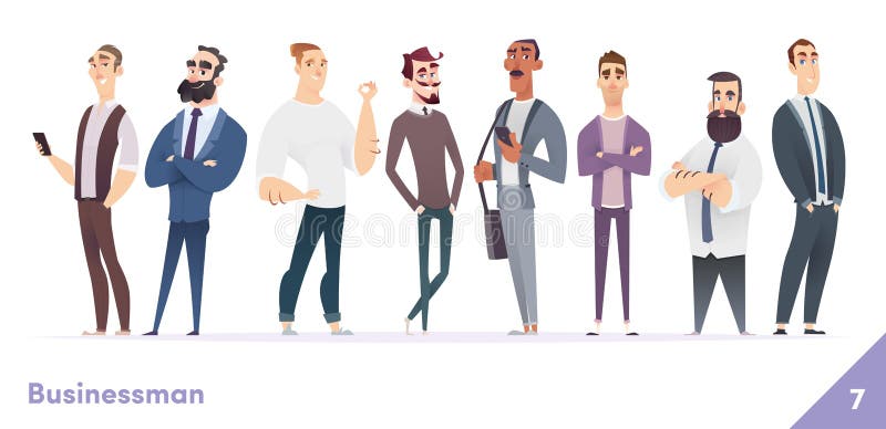 Verzameling van tekenontwerpen voor zakelijk of persoonlijk gebruik Moderne cartoon-vlakke stijl Jonge professionele mannetjes st royalty-vrije illustratie Verzameling van tekenontwerpen voor zakelijk of persoonlijk gebruik Moderne cartoon-vlakke stijl Jonge professionele mannetjes st royalty-vrije illustratie
