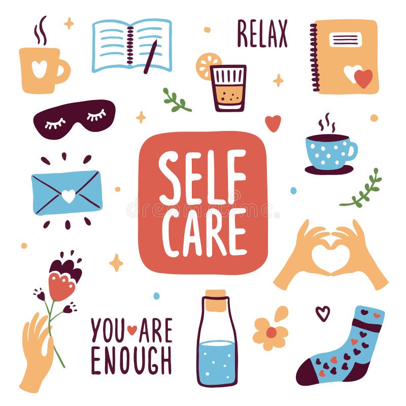 Collection of self care icons. Sleeping mask, diary, letter to yourself, bottle of water, cute socks, cup of coffee or herbal tea. Love and relax, slow life. Female body or mental health illustrations. Collection of self care icons. Sleeping mask, diary, letter to yourself, bottle of water, cute socks, cup of coffee or herbal tea. Love and relax, slow life. Female body or mental health illustrations