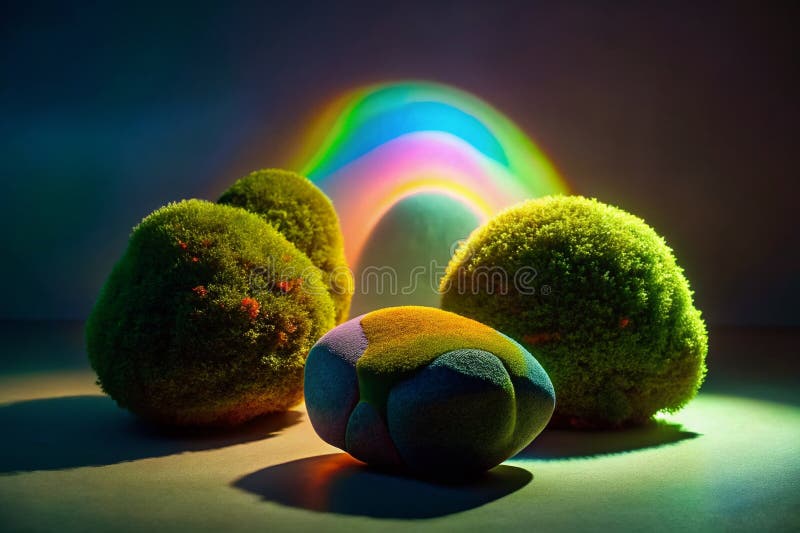Verzauberndes 3D-Rendering schwebender, bemooster Steine in einer Low-Light-Fantasy, schimmernd mit Regenbogenverläufen lizenzfreie abbildung
