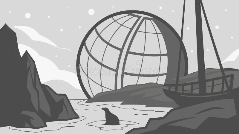 Verzerrte Globe- und Schiffsumfeld in der Nähe von Cliff Environmental Challenge Vektordesign Generative AI lizenzfreie abbildung