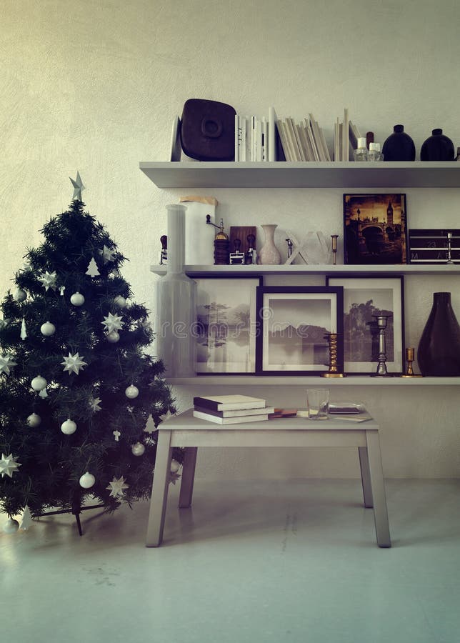 Verzierter Weihnachtsbaum in einer angenehmen Wohnung lizenzfreie abbildung Verzierter Weihnachtsbaum in einer angenehmen Wohnung lizenzfreie abbildung