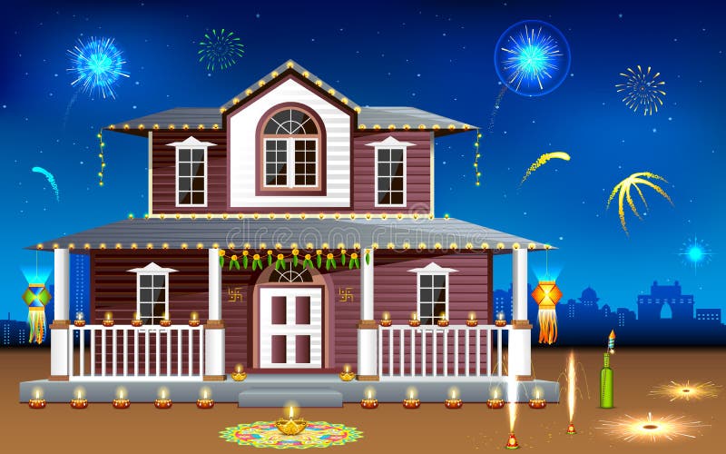 Verziertes Haus in der Diwali Nacht vektor abbildung Verziertes Haus in der Diwali Nacht vektor abbildung