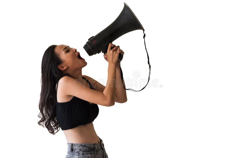 Verärgerte Frau, die auf Megaphon schreit lizenzfreie stockfotos Verärgerte Frau, die auf Megaphon schreit lizenzfreie stockfotos