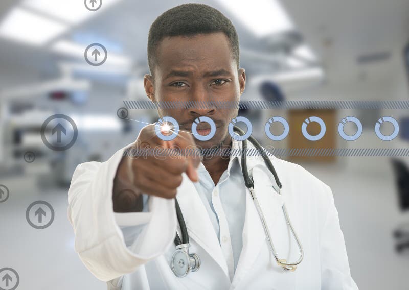 Verärgerter afrikanischer schwarzer männlicher Doktor, der Finger auf Sie mit Stethoskop um seinen Hals zeigt stockfotografie Verärgerter afrikanischer schwarzer männlicher Doktor, der Finger auf Sie mit Stethoskop um seinen Hals zeigt stockfotografie