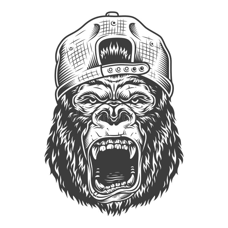 Angry gorilla in monochrome style in the cap. Vector vintage illustration. Angry gorilla in monochrome style in the cap. Vector vintage illustration