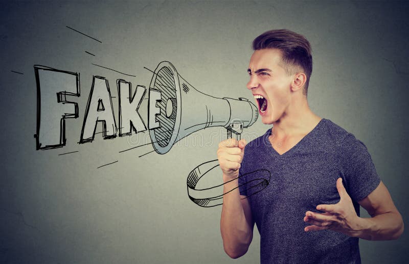 Angry enthusiastic man screaming in a megaphone spreading fake news. Angry enthusiastic man screaming in a megaphone spreading fake news