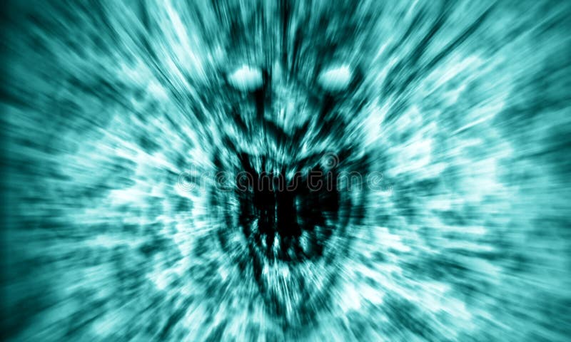 Angry demon face screams in fire. Genre of horror. Blue color background. Angry demon face screams in fire. Genre of horror. Blue color background.