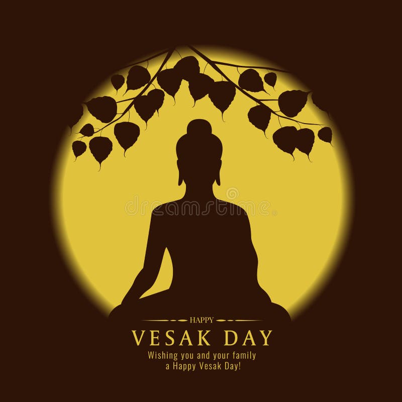 Vesak dnia sztandar z sylwetki Buddha znakiem pod Bodhi drzewa i koloru żółtego księżyc w pełni wektorowym projektem ilustracji Vesak dnia sztandar z sylwetki Buddha znakiem pod Bodhi drzewa i koloru żółtego księżyc w pełni wektorowym projektem ilustracji