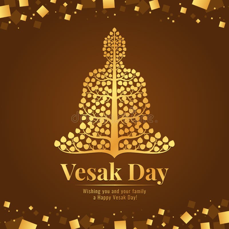 Vesak-Tagesfahnengold Buddha mit bodhi Baum Zeichen auf abstraktem braunem Goldhintergrund-Vektorentwurf lizenzfreie abbildung