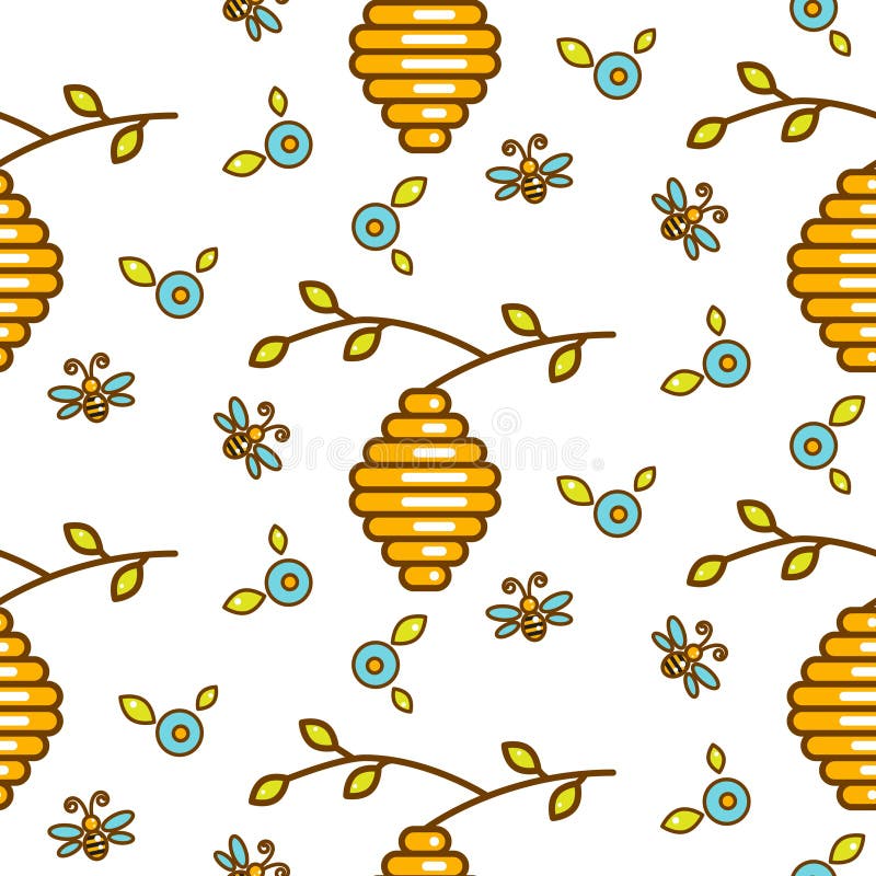 Vespiary, flowers and bees seamless vector pattern.