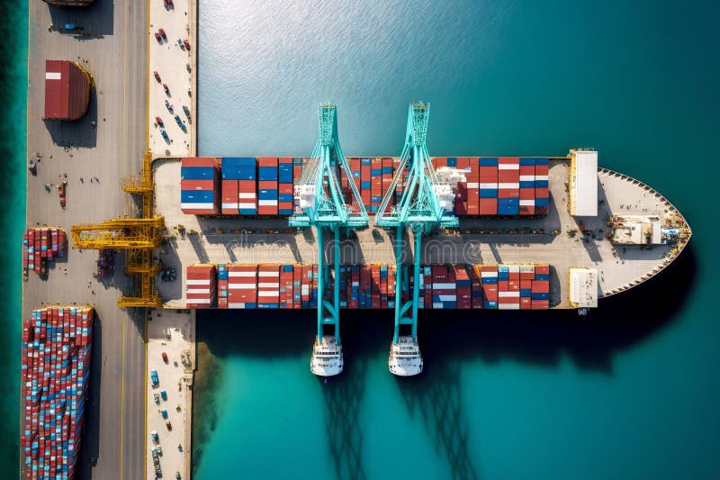 Vessel with Cargo Crane Loading Container at Berth of Cargo Port Stock