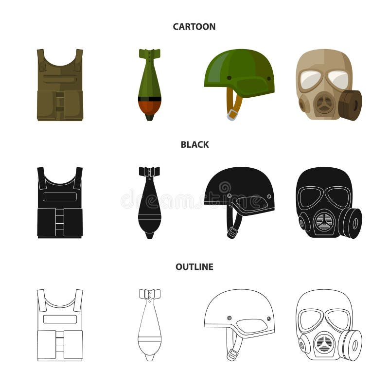 Veste à prova de balas, mina, capacete, máscara de gás Ícones ajustados das forças armadas e da coleção do exército nos desenhos ilustração royalty free Veste à prova de balas, mina, capacete, máscara de gás Ícones ajustados das forças armadas e da coleção do exército nos desenhos ilustração royalty free