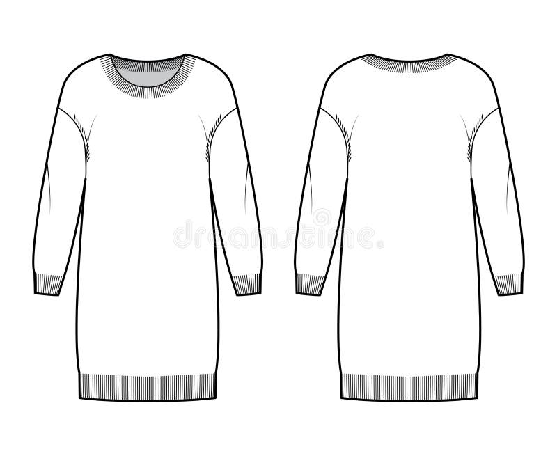 Dress Round neck Sweater technical fashion illustration with dropped shoulder long sleeves, relax body, knee length. Flat jumper apparel front, back, white color style. Women men unisex CAD mockup. Dress Round neck Sweater technical fashion illustration with dropped shoulder long sleeves, relax body, knee length. Flat jumper apparel front, back, white color style. Women men unisex CAD mockup