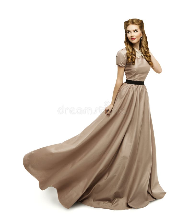 Vestido de Brown de la mujer, modelo de moda en el vestido largo que da vuelta blanco fotografía de archivo Vestido de Brown de la mujer, modelo de moda en el vestido largo que da vuelta blanco fotografía de archivo