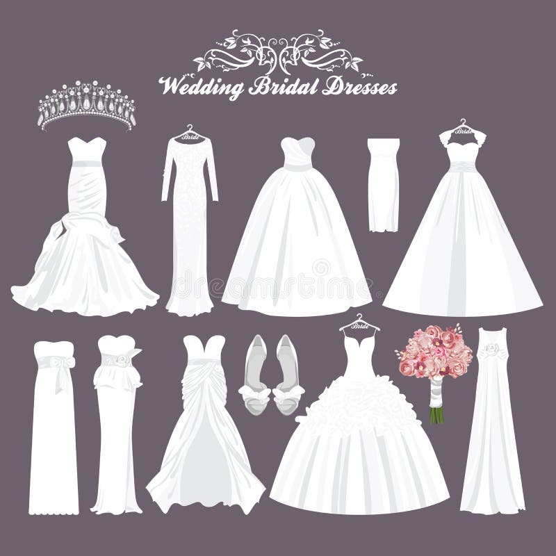 Vestidos de casamento do vetor em estilos diferentes Vestido da noiva da forma Vestido branco, acessórios ajustados