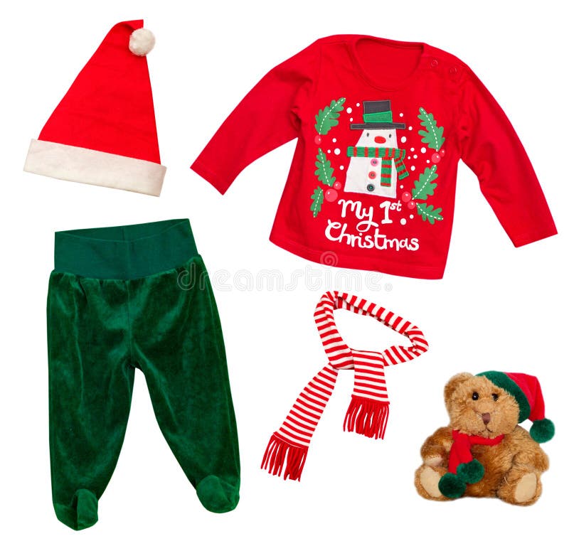 Vestiti del bambino di natale del Babbo Natale isolati su bianco immagine stock libera da diritti Vestiti del bambino di natale del Babbo Natale isolati su bianco immagine stock libera da diritti