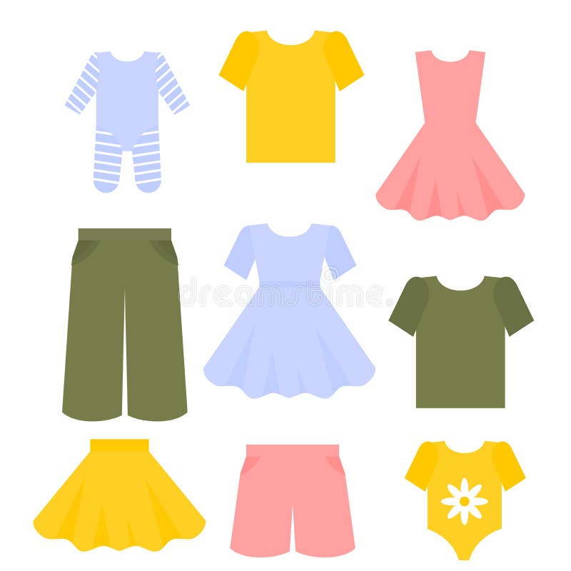 Vestiti piani dei bambini messi Raccolta di modo dell'attrezzatura dei bambini Vestito, pantaloni e maglietta royalty illustrazione gratis Vestiti piani dei bambini messi Raccolta di modo dell'attrezzatura dei bambini Vestito, pantaloni e maglietta royalty illustrazione gratis