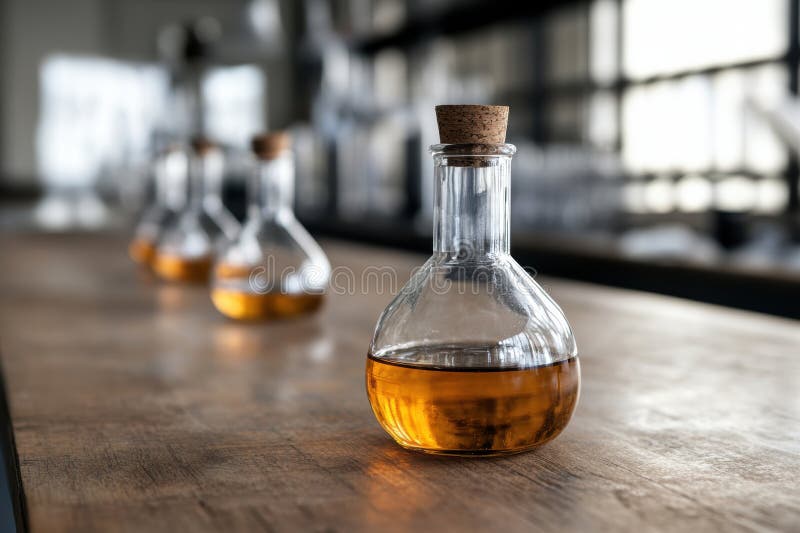 Vetenskapliga glasvaror med eleganta glasinstrument som är placerade på ett träbord i ett rustiskt akademiskt labb som erbjuder royaltyfria bilder