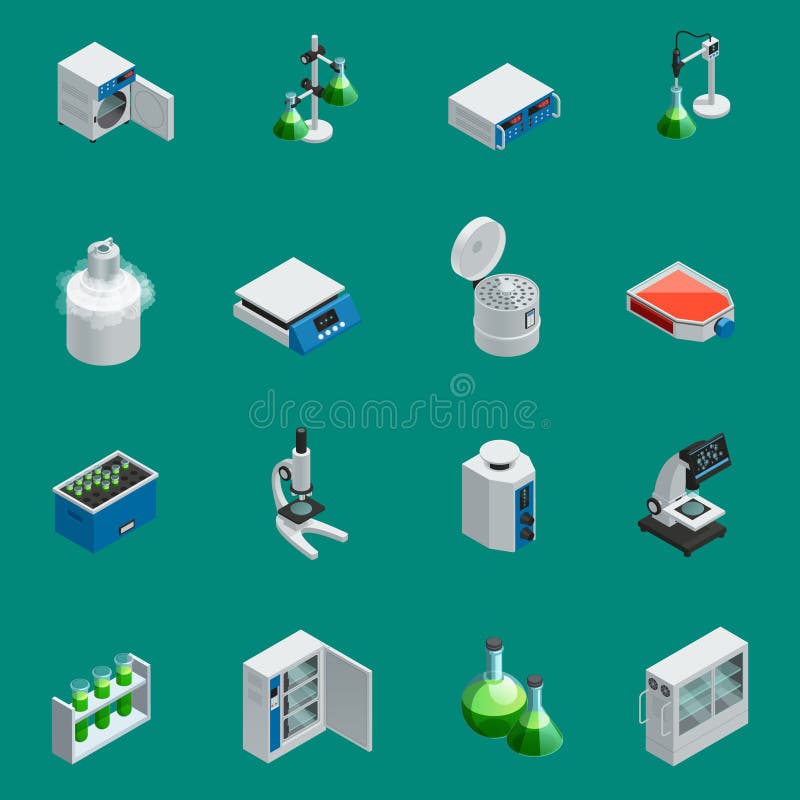 Vetenskapliga isometriska symboler för laboratoriumutrustning stock illustrationer Vetenskapliga isometriska symboler för laboratoriumutrustning stock illustrationer