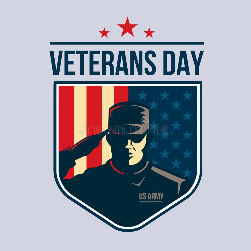 Veterandag - sköld med soldaten som saluterar mot USA flaggan vektor illustrationer Veterandag - sköld med soldaten som saluterar mot USA flaggan vektor illustrationer