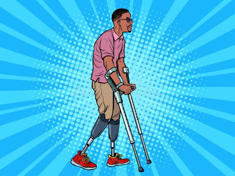 Veterano africano sem pernas com prótese biônica com muletas um homem deficiente aprende a andar após uma lesão ilustração stock Veterano africano sem pernas com prótese biônica com muletas um homem deficiente aprende a andar após uma lesão ilustração stock