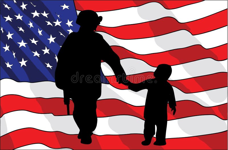 Veterans Day. An American soldier and a child. American flag. vector illustration