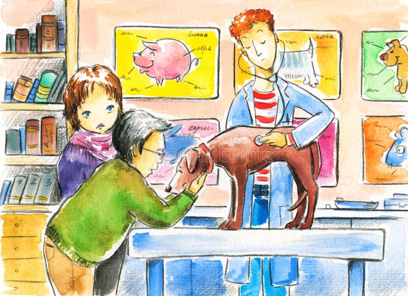 Veterinarian examines a sick dog in the clinic .Picture I have created with watercolors. Veterinarian examines a sick dog in the clinic .Picture I have created with watercolors.