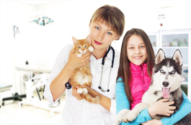 Veterinario e bambino ed animali domestici fotografie stock Veterinario e bambino ed animali domestici fotografie stock