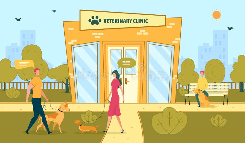 Veterinary Clinic and Pets Owners Walking Dogs.