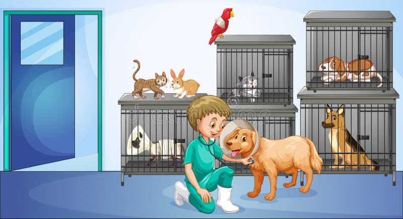 Veterinär och många djur i buren royaltyfri illustrationer Veterinär och många djur i buren royaltyfri illustrationer