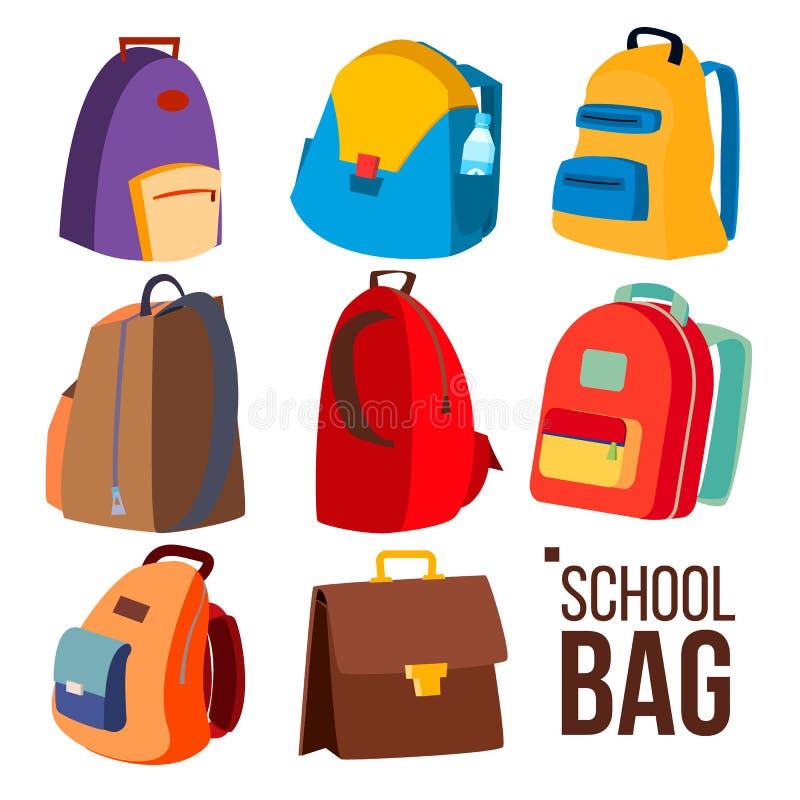 Vetor ajustado do saco de escola Tipos diferentes, vista Aluno, ícone da trouxa das crianças Sinal da educação De volta à escola