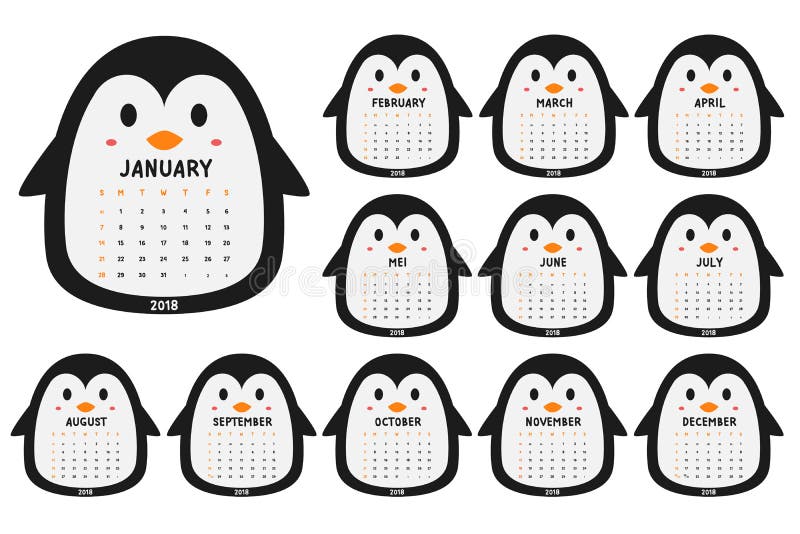 Vetor bonito dos desenhos animados do molde do calendário do pinguim 2018 ilustração do vetor Vetor bonito dos desenhos animados do molde do calendário do pinguim 2018 ilustração do vetor