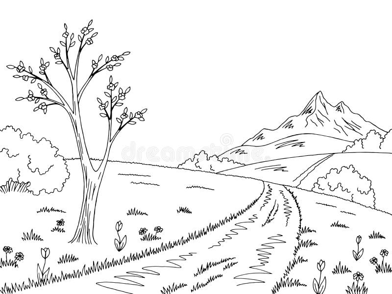 Vetor branco preto gráfico da ilustração do esboço da paisagem da mola da estrada da montanha ilustração stock Vetor branco preto gráfico da ilustração do esboço da paisagem da mola da estrada da montanha ilustração stock