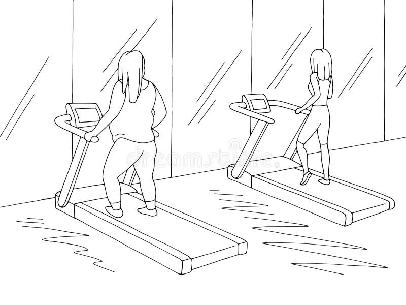 Vetor branco preto gráfico interior da ilustração do esboço do Gym As mulheres gordas e finas são exercício em uma escada rolante ilustração royalty free Vetor branco preto gráfico interior da ilustração do esboço do Gym As mulheres gordas e finas são exercício em uma escada rolante ilustração royalty free