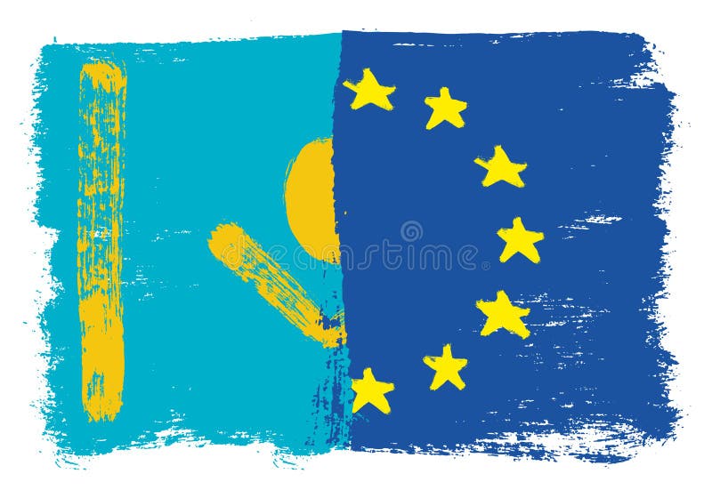 Vetor da bandeira de Cazaquistão & da bandeira da União Europeia pintado à mão com escova arredondada ilustração stock Vetor da bandeira de Cazaquistão & da bandeira da União Europeia pintado à mão com escova arredondada ilustração stock