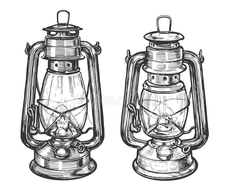 Vetor de esboço da lâmpada de querosene. lanterna de óleo desenhada no estilo de gravação vintage ilustração do vetor
